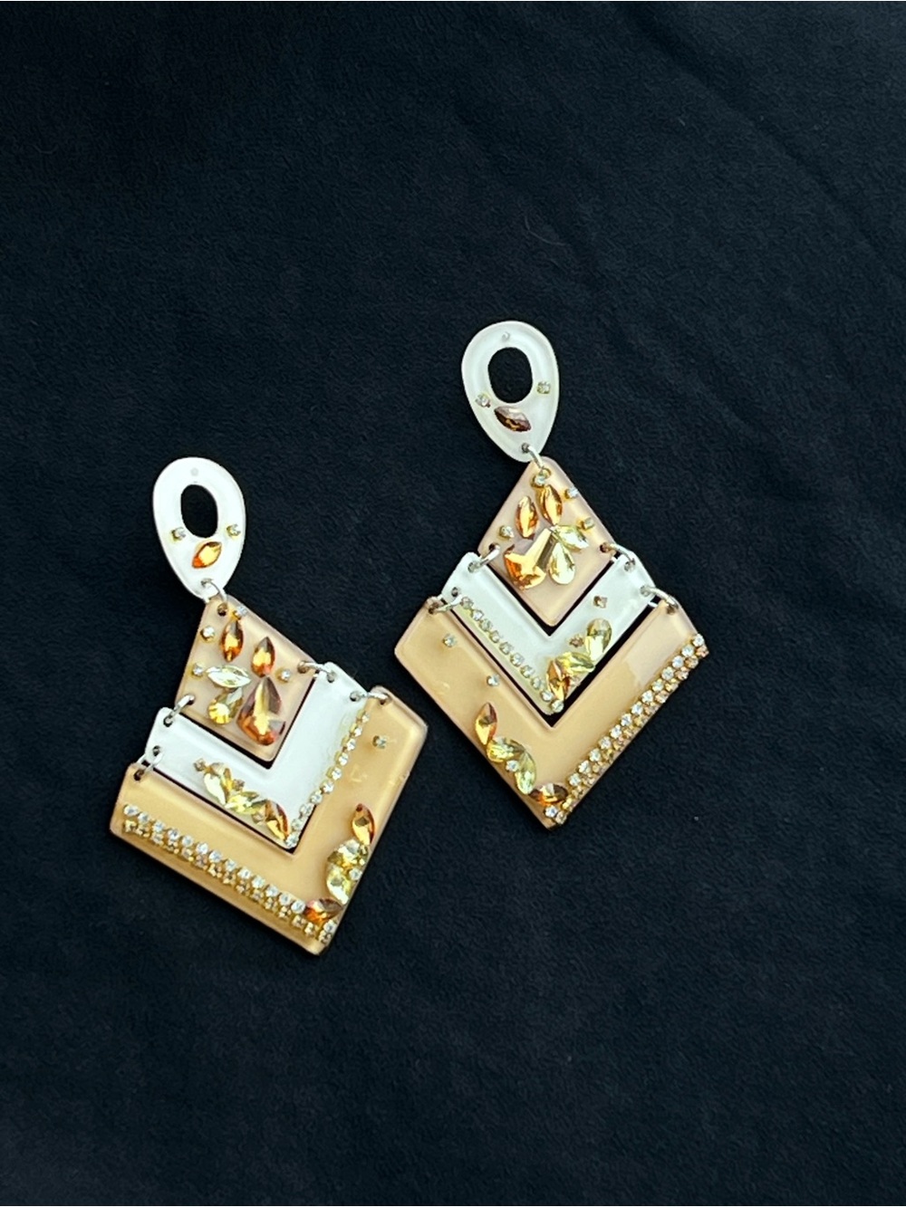 Cream and Gold Geometric Crystal Drop Earrings